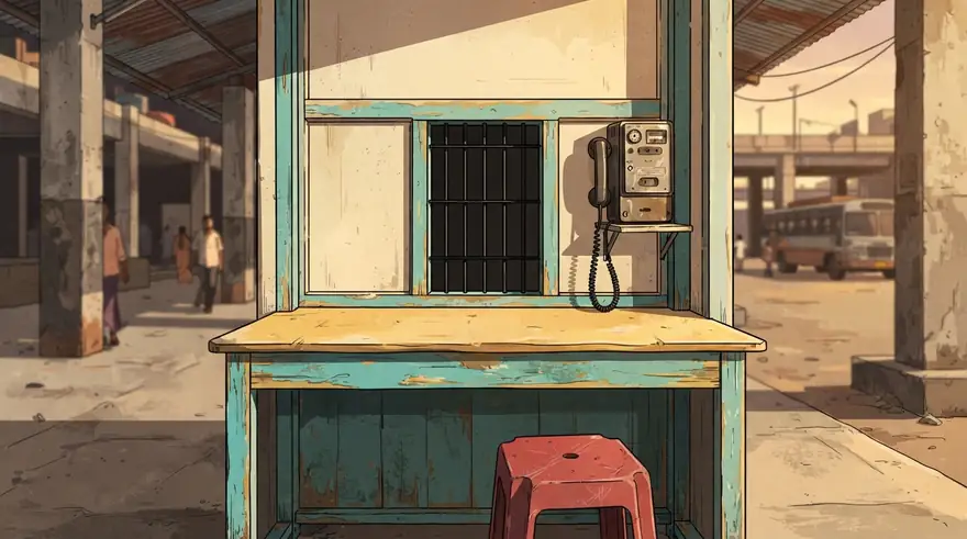 An STD ISD PCO telephone booth at an Indian bus stand: a weathered yellow counter, a call-meter box and a coiled cable, with a bus platform behind.